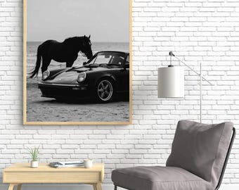 Foto de un Porsche negro y un caballo, decoración de oficina para caballeros, impresión en lienzo artesanal.