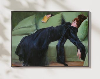 Woman on Green Sofa Canvas Print | Elegant Figurative Wall Art