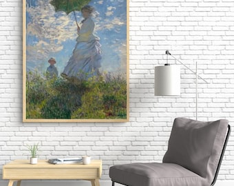 Impresión de "Mujer con sombrilla" de Claude Monet, arte mural impresionista, póster de Madame Monet y su hijo, decoración estética para habitaciones, regalo de bellas artes francesas.