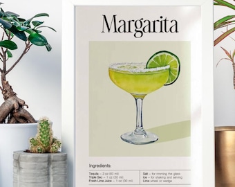 Póster de receta de cóctel margarita, arte moderno para pared de cocina, regalo para amantes del tequila, decoración de carrito de bar, ilustración minimalista de bebida, decoración mexicana