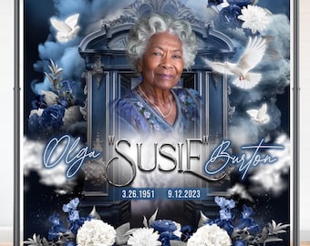 May include: A memorial backdrop featuring a portrait of an elderly woman, Susie Burton, with the dates 3.26.1951 - 9.12.2023. The design includes blue floral accents, doves, and the names Olga Susie Burton in elegant script.