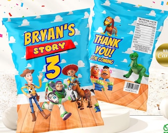 Envoltorio de bolsa de papas fritas de Toy Story, recuerdo de Woody, Buzz Lightyear imprimible, decoración de dulces para fiesta de cumpleaños, plantilla Canva editable B029