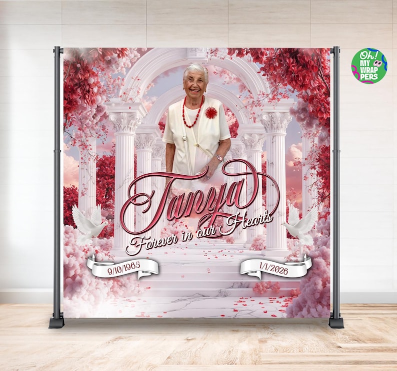 Funural Backdrop Red Floral Funeral Backdrop, Heavenly Gates Banner, Celebration of Life ...
