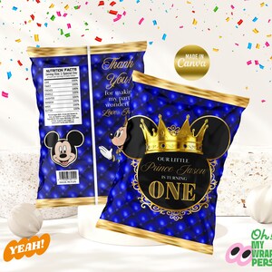 May include: Blue and gold chip bag featuring a Mickey Mouse character wearing a crown. The bag reads "Our Little Prince Jason is turning One".