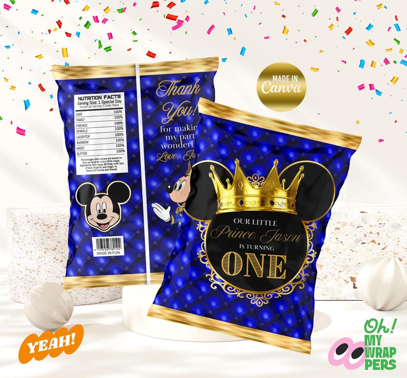 May include: Blue and gold chip bag featuring a Mickey Mouse character wearing a crown. The bag reads "Our Little Prince Jason is turning One".