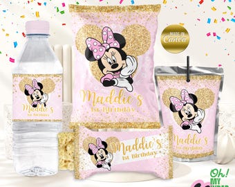 Minnie Gold Kids party favors template Kids chip bag label kids pink bottle wrapper Editable Template Digital File B016