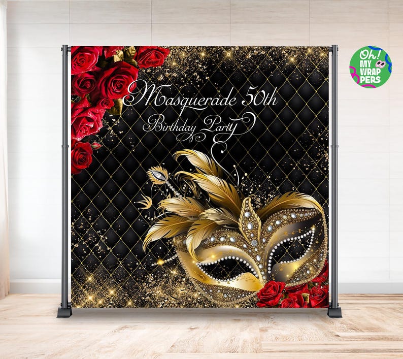 Masquerade Party Backdrop, Black and Gold Birthday Banner, Red Roses ...