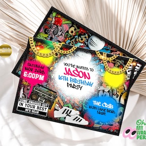 Graffiti Birthday Invitation Party Invite Urban Street Graffiti Style & Kids Birthday Invitation Editable Card Design Instant download B021