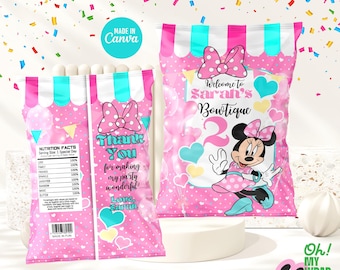 Minnie Mouse Pink Birthday Party Favors, Minnie Mouse Pink Birthday Wrappers, Minnie Caprisun Canva Editable Printable Instant Download