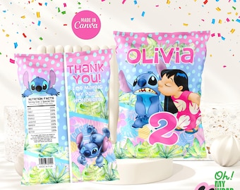 Lilo und Stitch Kinderchipbeutel Etikett Kinderchiptasche Kinderchip-Schablone Kinderchip-Tüte Canva Template B014
