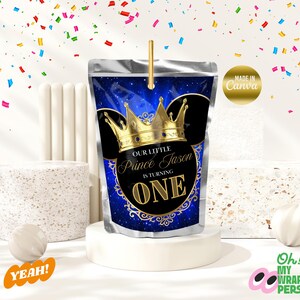 May include: Blue and gold foil pouch with a crown and the text "Our Little Prince Jason is turning One".