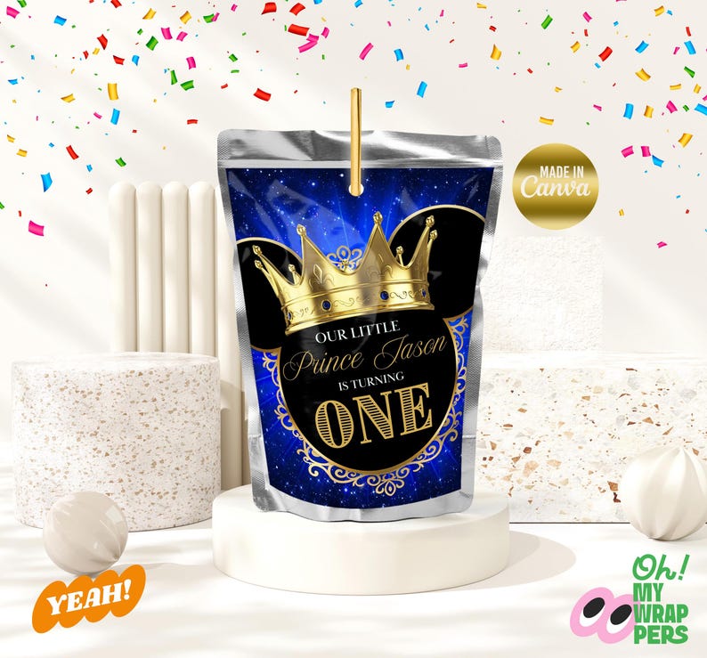 May include: Blue and gold foil pouch with a crown and the text "Our Little Prince Jason is turning One".
