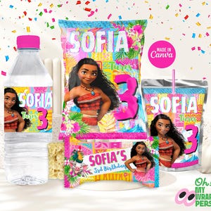 May include: A set of party favour labels featuring Moana from Disney's Moana. The labels are pink and blue with a tropical theme and feature the text "Sofia Turns 3".