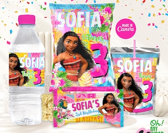 Moana Kids party favors template Kids chip bag label, kids pink bottle wrapper Editable Template Digital File B006