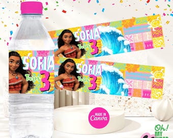 Moana Kids Water bottle label Kids water label Kids water bottle label Template Kids water bottle label Canva Template B006