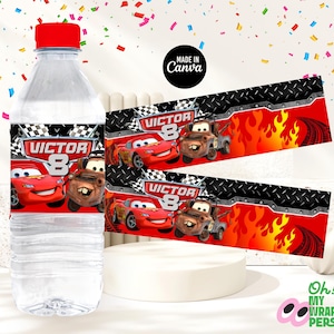 Cars Water bottle label Template lightning mcqueen Water Label Cars Birthday water label DIGITAL FILE ONLY Editable template B007