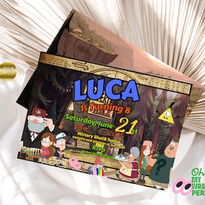 May include: A birthday invitation with the text "LUCA Is Turning 8" and the date and time. The design features cartoon characters and a forest scene background. The invitation is colorful and eye-catching.