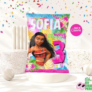 May include: A pink and blue chip bag with a colorful tropical design featuring Moana from Disney's Moana. The bag says "Sofia Turns 3" and "Made in Canva".