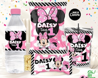 Minnie Mouse Pink hearts Kids party favors template Kids chip bag label kids pink bottle wrapper Editable Template Digital File B009