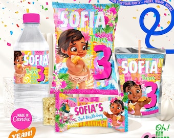 Kids party favors template Kids chip bag label, kids pink bottle wrapper Editable Template Digital File B001