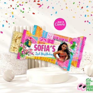 May include: A pink and yellow Moana-themed birthday party favor wrapper with a picture of Moana and Pua. The wrapper says "Sofia's 3rd Birthday".
