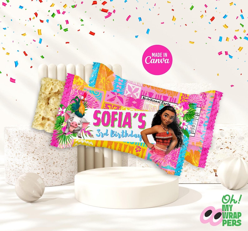 May include: A pink and yellow Moana-themed birthday party favor wrapper with a picture of Moana and Pua. The wrapper says "Sofia's 3rd Birthday".