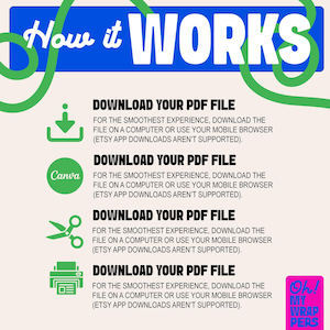 May include: A green, blue, and white graphic with the text "How it WORKS" in large, bold letters. The graphic provides instructions on how to download a PDF file for the smoothest experience. The instructions state that the file should be downloaded on a computer or using a mobile browser. Etsy app downloads are not supported.