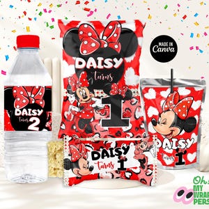May include: A set of printable party favour labels featuring a cartoon image of Minnie Mouse. The labels are designed for a birthday party with the text "Daisy turns 1" and "Daisy turns 2".