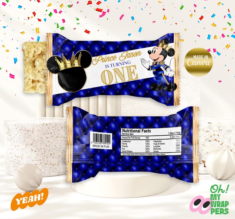 May include: A blue and gold party favour wrapper with a Mickey Mouse character dressed as a prince. The wrapper says "Prince Jason is turning one".