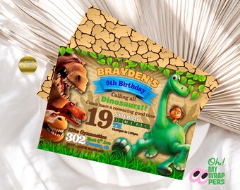 May include: A colorful dinosaur-themed birthday invitation. The design features a green dinosaur with a small child, along with other dinosaurs. The invitation includes the text "Brayden's 5th Birthday" and event details.