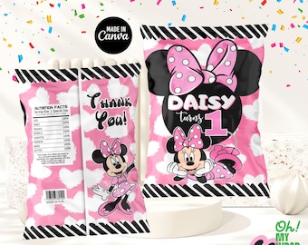Minnie Mouse Pink heart Kids Chip Bag Label Kids Chip Bag Kids Chip Template Kids Chip Bag Canva Template B009