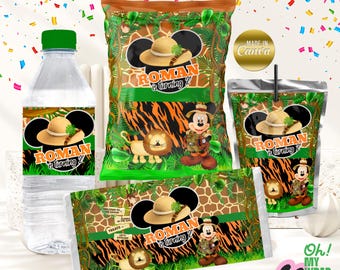 Mickey Mouse Safari Party Kit: Printable Decor, Chip Bag Wrappers (Editable Digital File) B026