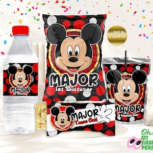 Mickey Mouse Polka Dots Bundle kit Kids party favors template Kids chip bag label kids bottle wrapper Editable Template Digital File B017