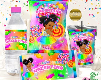 Kit de paquete Candyland para niña de dulces, recuerdos imprimibles, decoración de cumpleaños, etiquetas para baby shower, envoltorios para bolsas de papas fritas, plantilla editable, archivo digital B028