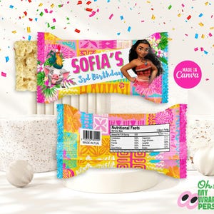 May include: A pink and yellow treat bag with a Polynesian design featuring Moana from Disney's Moana. The bag has the text "Sofia's 3rd Birthday" printed on it.