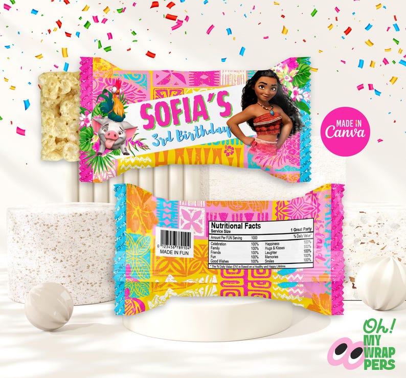 May include: A pink and yellow treat bag with a Polynesian design featuring Moana from Disney's Moana. The bag has the text "Sofia's 3rd Birthday" printed on it.