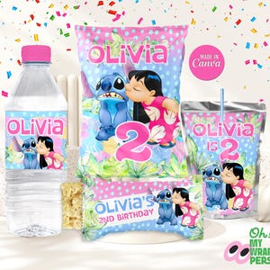 Lilo and Stitch Kids party favors template Kids chip bag label, kids pink bottle wrapper Editable Template Digital File B014