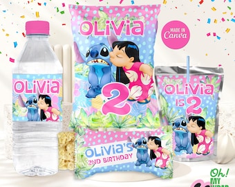 Lilo and Stitch Kids Party Favors Vorlage Kids Chip Taschenetikett, Kinder rosa Flaschenverpackung Bearbeitbare Vorlage Digitale Datei B014