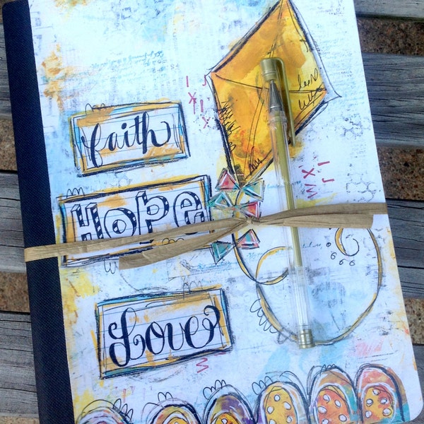 Journal Notebook with Bible Scripture and Mixed Media Art -  Faith, Hope, Love