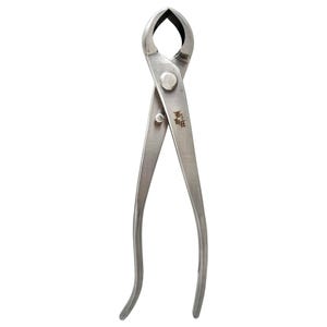 May include: A silver bonsai branch cutter with a curved blade and long handles. The tool has a rounded cutting head and a small rivet. The handles curve outward for grip and leverage. The tool has Japanese text on the side.