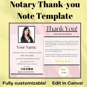 Customizable Thank You Note Notary Public Template Apostille Agent Notary Signing Agent Loan Signing Notary Business Mobile Notary Printable