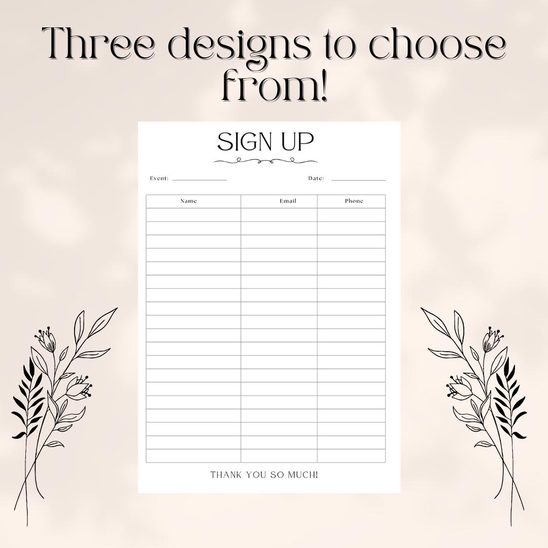Minimalist Sign up Sheets Printable Digital Sign-up Pages for Events ...