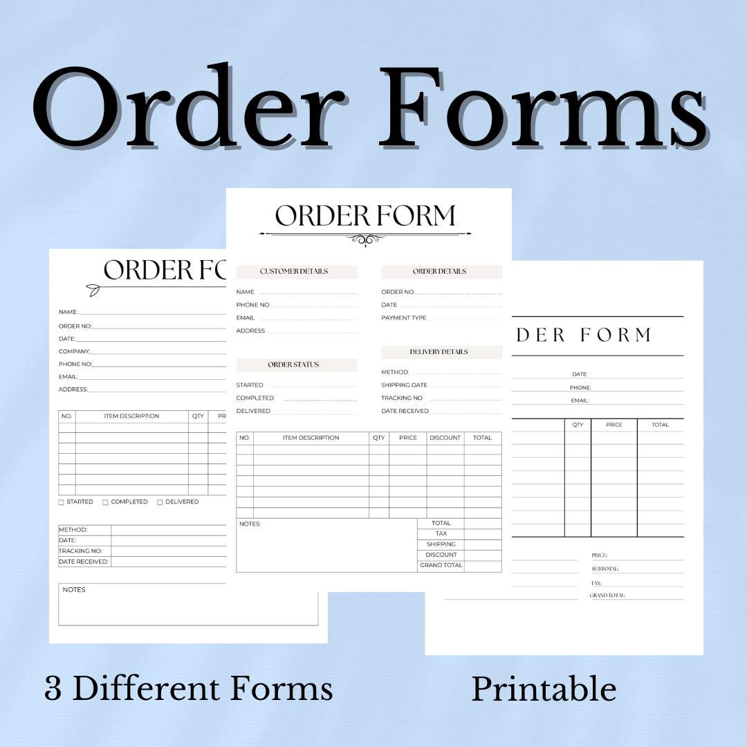Printable Order Forms Set of 3 and 1 Bonus Order Tracker Page ...