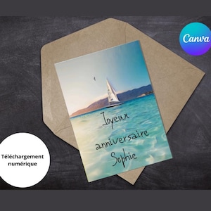 Jolie carte d’anniversaire voilier personnalisable - modèle carte vœux unique - Téléchargement numérique de l’océan - Canva français