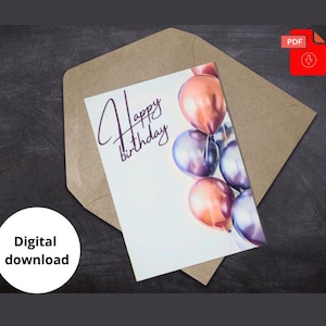 Jolie carte d’anniversaire Ballons – PDF imprimable - carte de vœux unique - Carte de joyeux anniversaire - anglais