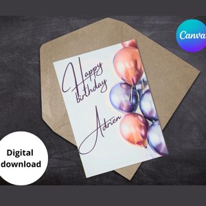 Jolie carte d’anniversaire Ballons – Modèle Canva modifiable - carte de vœux unique - Carte joyeux anniversaire - anglais