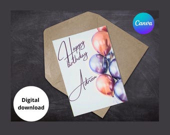 Schattige verjaardagskaart met ballonnen – Bewerkbare Canva-sjabloon – Unieke wenskaart – Verjaardagskaart – Engels