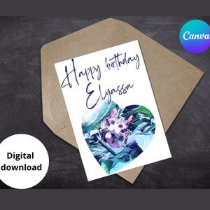 Cute Cat in Tree Birthday Card - Editable Canva Template - Unique Greeting Card with Happy Birthday Message - English