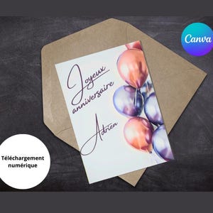 Cute Balloons Birthday Card – Editable Canva Template – Unique Greeting Card – Happy Birthday Card – French