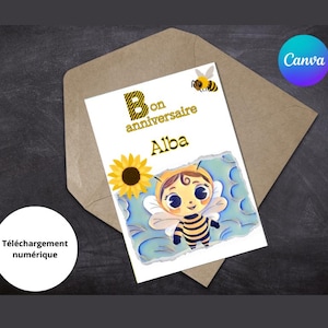 Jolie carte d’anniversaire Abeille – Modèle Canva modifiable - carte de vœux unique - Carte de joyeux anniversaire - français